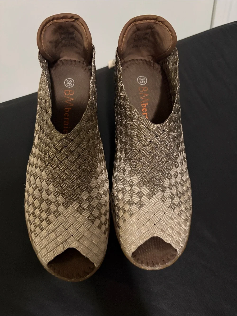 bernie mev. Metallic Bronze Woven Platform Sandals